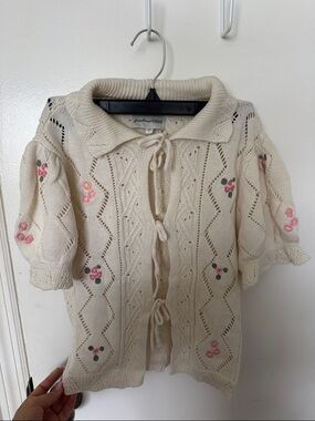 Cream Embroidered Tie-Front Knit Cardigan